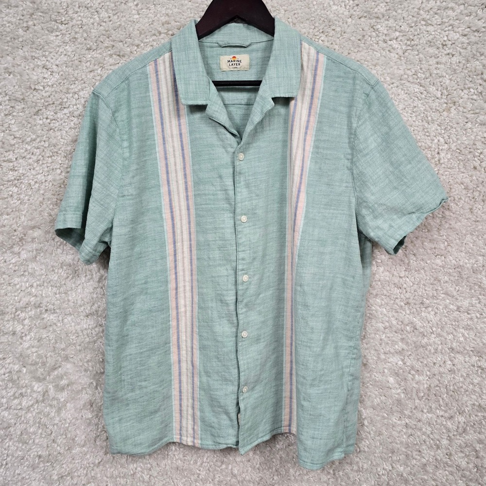 Marine Layer Shirt Mens L Green Short Sleeve Striped Button Up‎ Beach